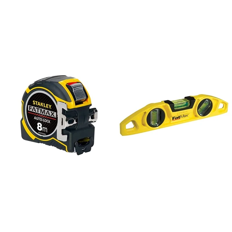 STANLEY XTHT0-33501 FATMAX Autolock Tape, 8m Metric Only, Yellow/Black & 043603 25cm FatMax Torpedo Level