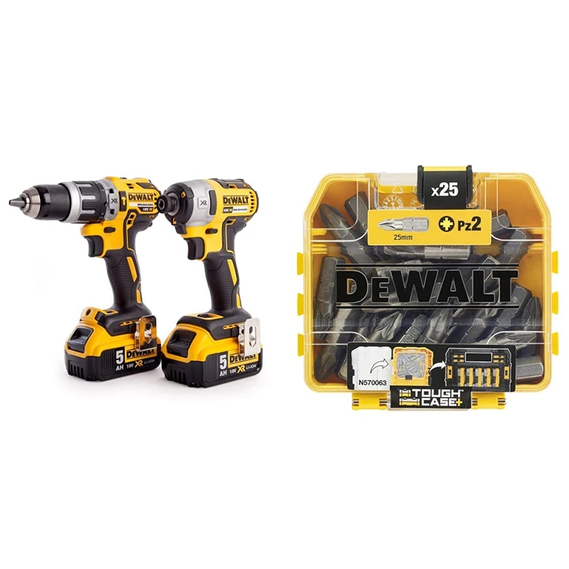 DEWALT DCK266P2T-GB XR Combi Drill and Impact Driver Brushless Kit in TSTAK Box, 1 W, 18 V, Yellow/Black & DT71521-QZ DT71521-QZ-Juego 25 puntas Pz2 de, Yellow/Black, 25 mm, Set of 25 Pieces