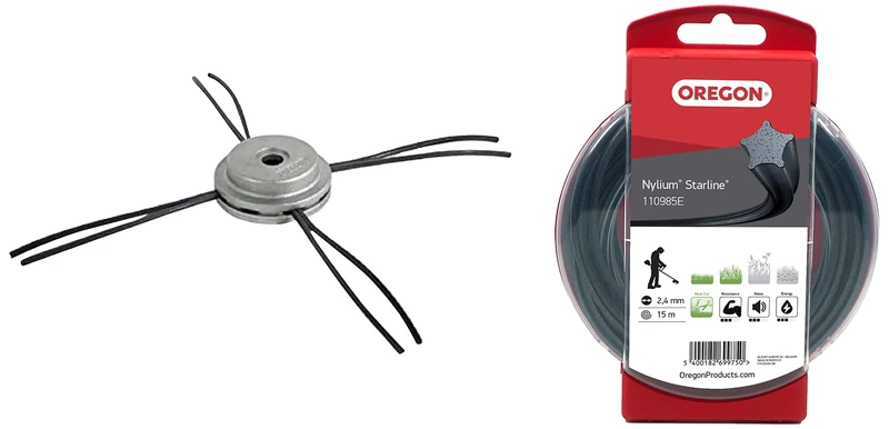 Oregon 110980 Universal Aluminium Fixed Trimmer Head with Nylium Line & 110985E Nylium Star Strimmer Line, 2.4 mm, 15 m