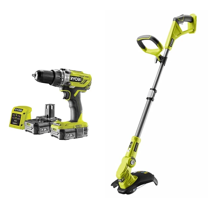 Ryobi R18PD3-215GZ 18 V ONE+ Cordless Combi Drill Starter Kit (2 x 1.5 Ah) & OLT1832 18V ONE+ Cordless Grass Trimmer Only, 25-30cm, Hyper Green