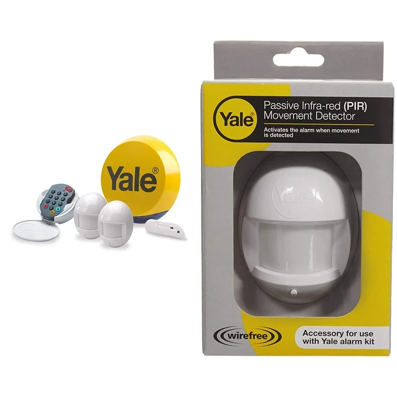 Yale YES-ALARMKIT Essentials Alarm Kit, Battery Powered, 5 Piece Kit, Self Monitored & B-HSA6020 Alarm Accessory Wire free PIR, Motion Activated, Accessory for HSA Alarms Including YES-ALARMKIT, White