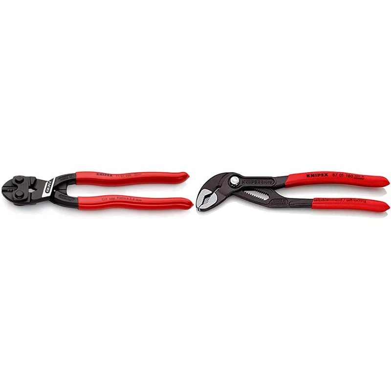 Knipex Cobolt® Compact Bolt Cutter Black atramentized, Plastic Coated 200 mm 71 01 200 & Knipex Cobra® High-Tech Water Pump Pliers Grey atramentized, with Non-Slip Plastic Coating 180 mm 87 01 180