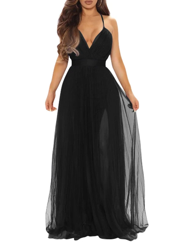 XXTAXN Women's Sexy Deep V Neck Split Cocktail Party Formal Maxi Dress, Black, Medium