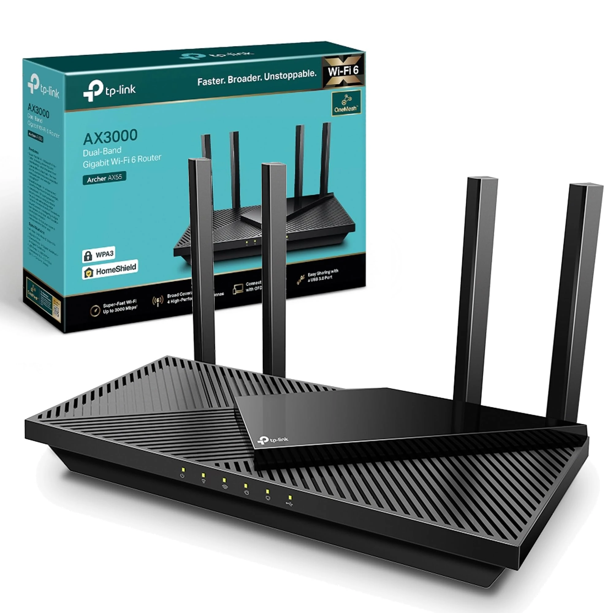 TP-Link Archer AX55 WiFi 6 Router, AX3000 Mbps wifi Booster, Dual Band Gigabit Ports, Internet Booster, Wi-Fi Extender, Ultra-Low Latency, 160MHZ Bandwidth, EasyMesh Compatible, Works with Alexa