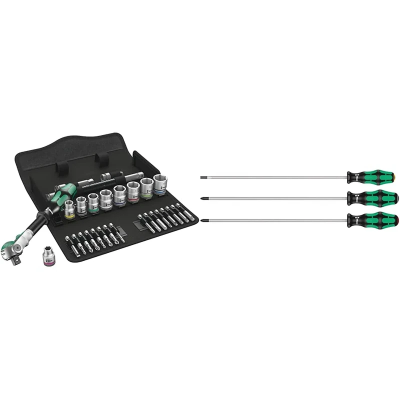 Wera 8100 SB 6 Zyklop Speed 3/8" Multifunction Ratchet & Socket Set, Metric, 29pc, 05004046001 & 335/350/355/3 Kraftform Plus Extra-Long Screwdriver Set, PH/PZ/SL, 3pc, 05347735002
