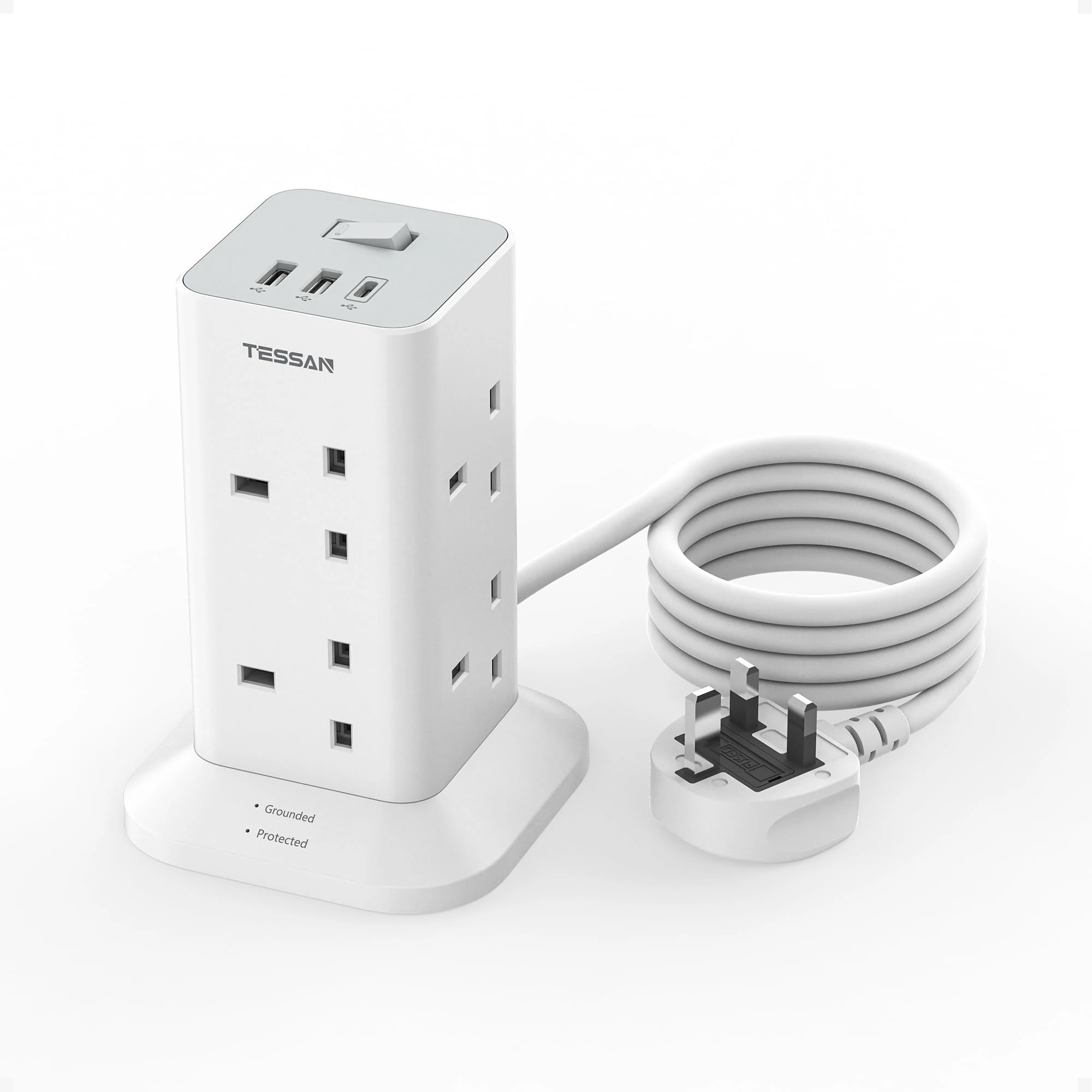 Tower Extension Lead with USB C Slots, TESSAN 8 Way Plug Extension Socket with Switch, Surge Protected Power Strip with 2M Cable for Home, School Supplies