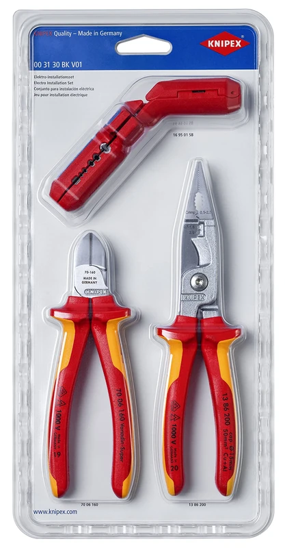 KNIPEX Electrical Installations Set 1 x 13 86 200, 1 x 16 95 01 SB, 1 x 70 06 160 in Blister, 00 31 30 BK V01