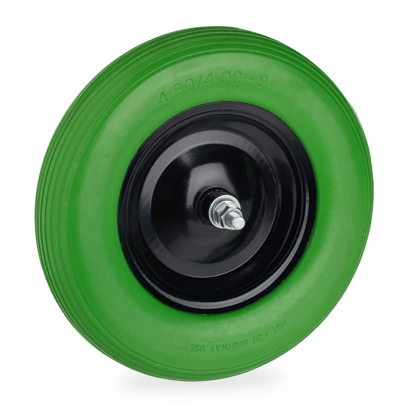 Relaxdays Wheelbarrow Tyre, 4.80 4.00-8, Solid Rubber Spare Wheel, with Axle & Steel Rim, Puncture-proof, Green/Black