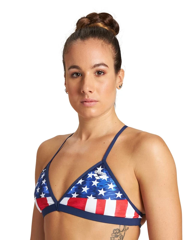 Arena Women's Print Sport Bikini Tie Back MaxLife Swimsuit Bathing Suit Bottom for Swimming Set, Stars & Stripes-Top, 30