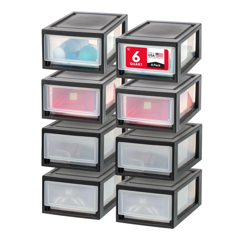 IRIS USA 6 Qt. Plastic Drawer Storage Organizer Stacking Drawers, 8-Pack, Stackable Unit with Sliding Drawer for Clothes Bedroom Kitchen Under Sink Pantry Craft Room Bathroom Dorm Office, Black