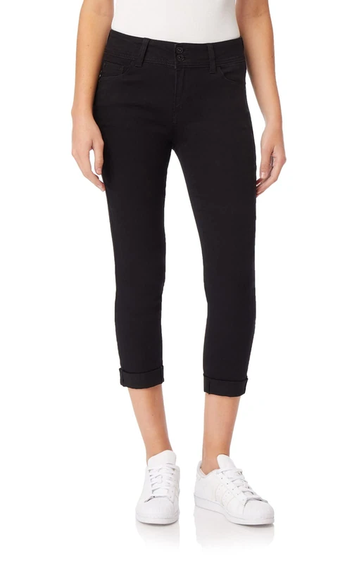 WallFlower Women's Juniors Instasoft Mid-Rise Ultra Fit Skinny Stretch Crop Jeans (Standard and Plus), Noir, 9