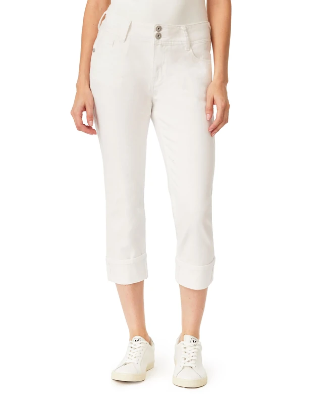 WallFlower Women's Juniors Instastretch Mid-Rise Curvy Skinny Stretch Denim Crop Jeans (Standard and Plus), White, 17