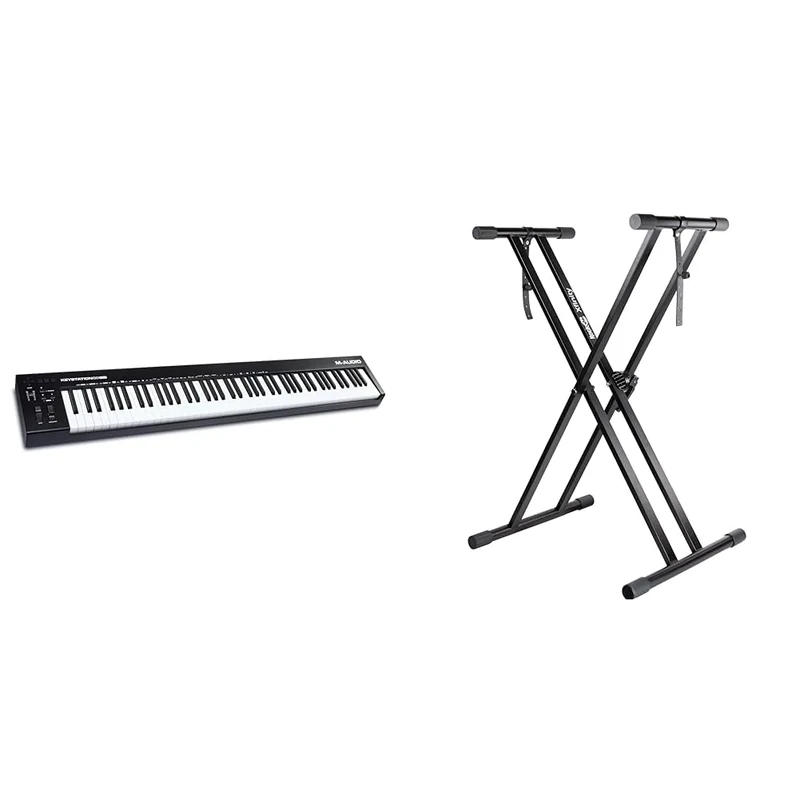M-Audio Keystation 88 MK3 – 88 Key Semi Weighted MIDI Keyboard Controller & RockJam XX-363 Xfinity Doublebraced Pre Assembled Keyboard Stand with Locking Straps & Lessons.,Black