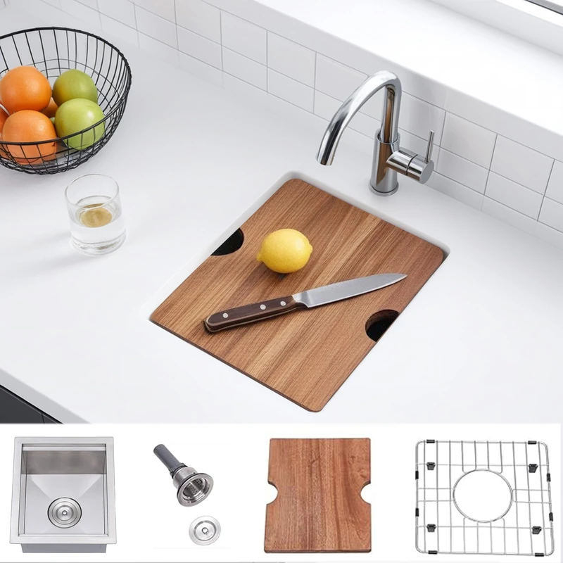 13x15 Inch Stainless Steel Small Undermount Bar Sink Workstation - 16 Gauge Ledge RV Kitchen Single Bowl Wet Bar Prep Sink with Accessories
