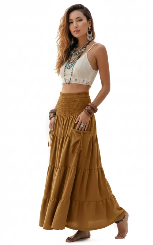 Thaluta Maxi Boho Skirt Long Pockets Cotton Hippie Bohemian Elastic Waist Gypsy Skirt, Copper, One Size - Image 1