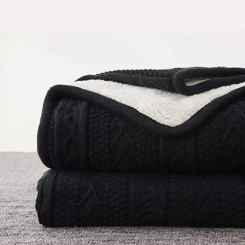 Longhui bedding Acrylic Cable Knit Sherpa Throw Blanket - Thick Soft Large Cozy Black Knitted Fleece Blankets for Couch Sofa Bed - Large 60 x 80 Inches For All Seasons