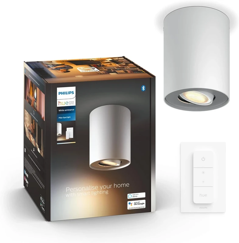 Philips Hue Pillar White Ambiance Smart Single Ceiling Spotlight Led [Gu10 Spot] with Bluetooth, White & Dimmer Switch Works with Alexa, Google Assistant and Apple Homekit