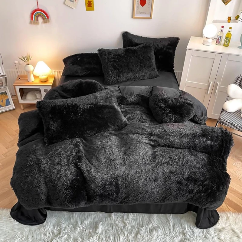 AONELAS chovy Faux Fur Plush Black Comforter Sets Full/Queen - Ultra Soft Shaggy Flannel Velvet Fluffy Fuzzy 3PC Bedding Set （Comforter x 1 Pillowcases x 2） 1