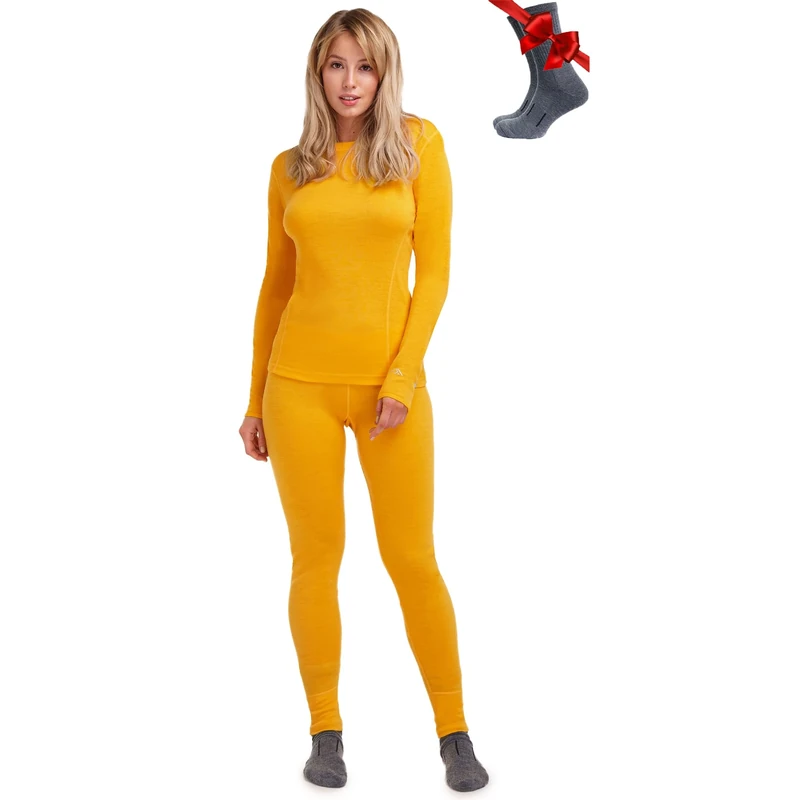 Merino.tech Merino Wool Base Layer Womens Set - Merino Thermal Underwear Womens Top and Bottom Lightweight, Midweight, Heavyweight (Small, 250 Mango Tango)