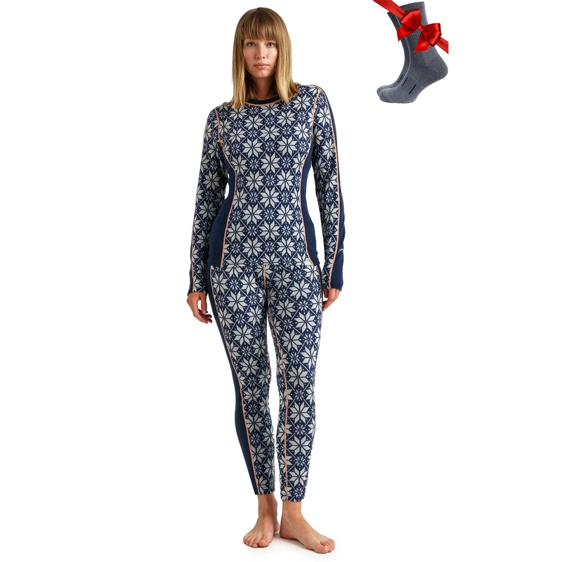 Merino.tech Merino Wool Base Layer Womens Set - Merino Thermal Underwear Womens Top and Bottom Lightweight, Midweight, Heavyweight (X-Small, 250 Snowflake Navy)
