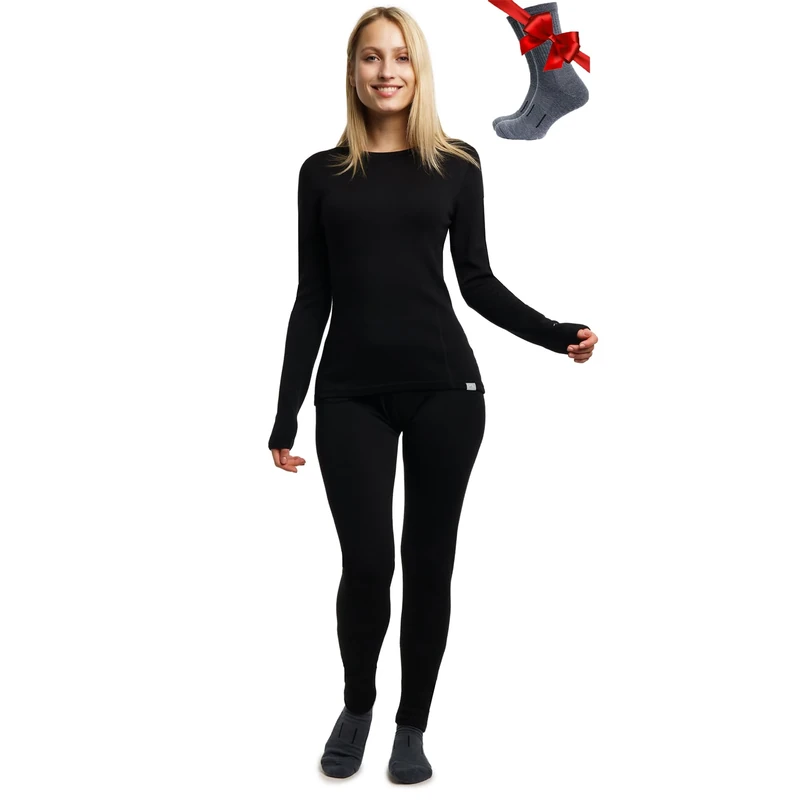 Merino.tech Merino Wool Base Layer Womens Set - Merino Thermal Underwear Womens Top and Bottom Lightweight, Midweight, Heavyweight (Small, 250 Black)