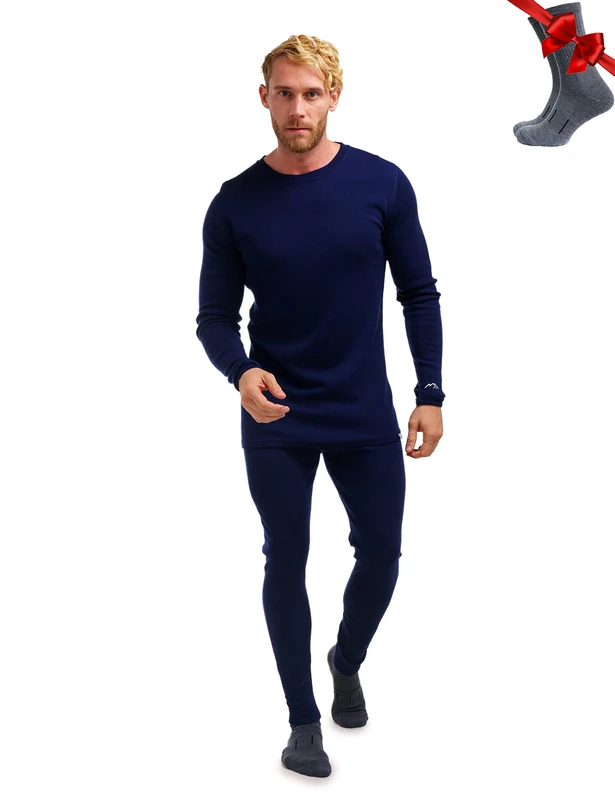 Merino.tech Merino Wool Base Layer Men Set - Merino Thermal Underwear Mens Top and Bottom Lightweight, Midweight, Heavyweight (Medium, 250 Navy)