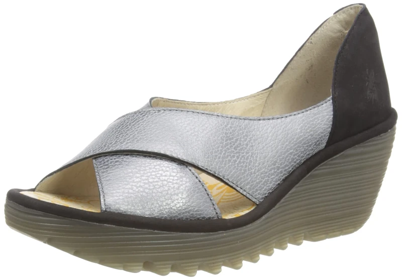 Fly London YOMA307FLY Women's Wedge Sandal - Grey/Black 5 UK