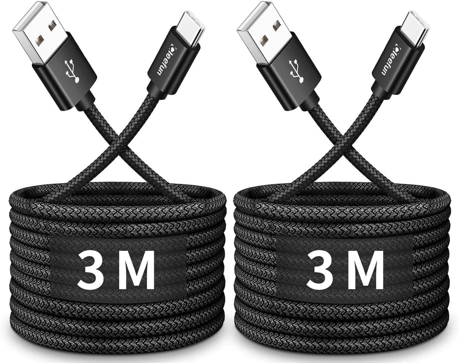 CLEEFUN USB C Charger Cable (3M, 2Pack), Black Long USB A to Type C Fast Charging Braided Lead Compatible with iPhone 15 Pro Samsung Galaxy S10 S20 S23 S24 S9 S8 Plus A20e A50 A51,PS5,Switch