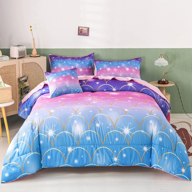 RYNGHIPY BANRIN 6Pcs Teal Pink Mermaid Scale Comforter Sets Full/Queen Size, 3D Rainbow Glitter Girls Bedding Sets, Fish Scale Bedding Collection Sets