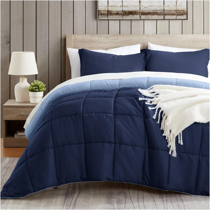 satisomnia Queen Comforter Set Navy Blue, Lightweight Comforters Queen Size Bed, Soft Breathable Down Alternative Bed Comforter Set, Reversible All Season 3Pcs Queen Bedding Set with 2 Pillow Shams