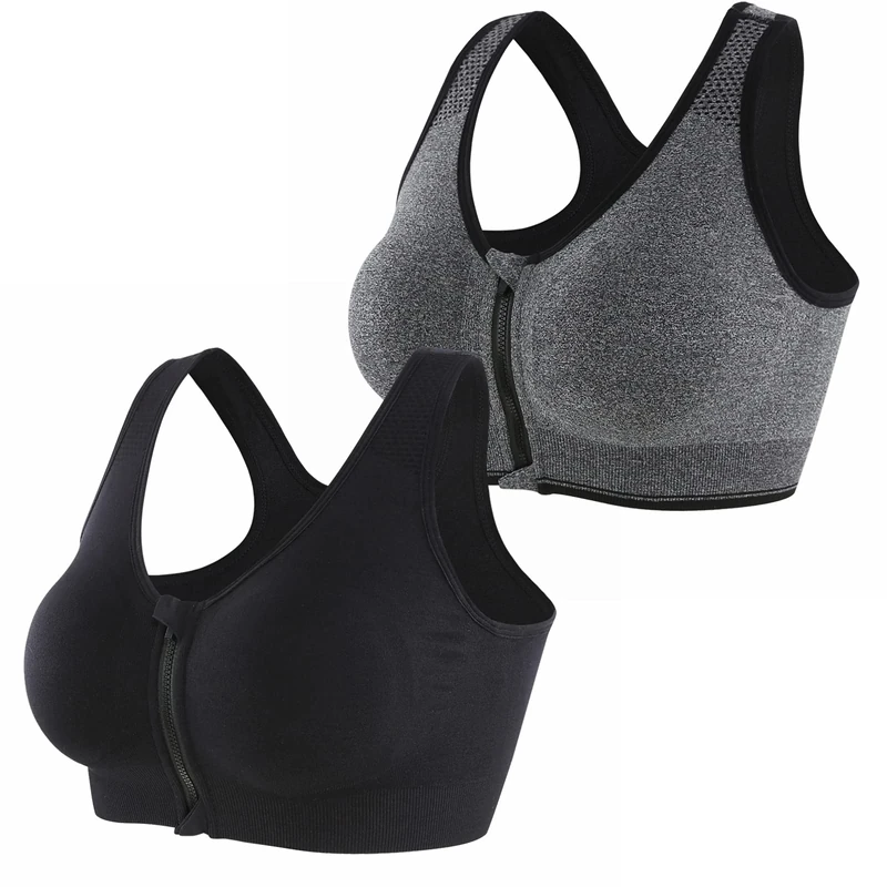 CLOUSPO Sports Bra Post Surgery Bra Zip Front Wireless with Removable Pads Yoga Bra for Workout Fitness(L,Grey+Black)