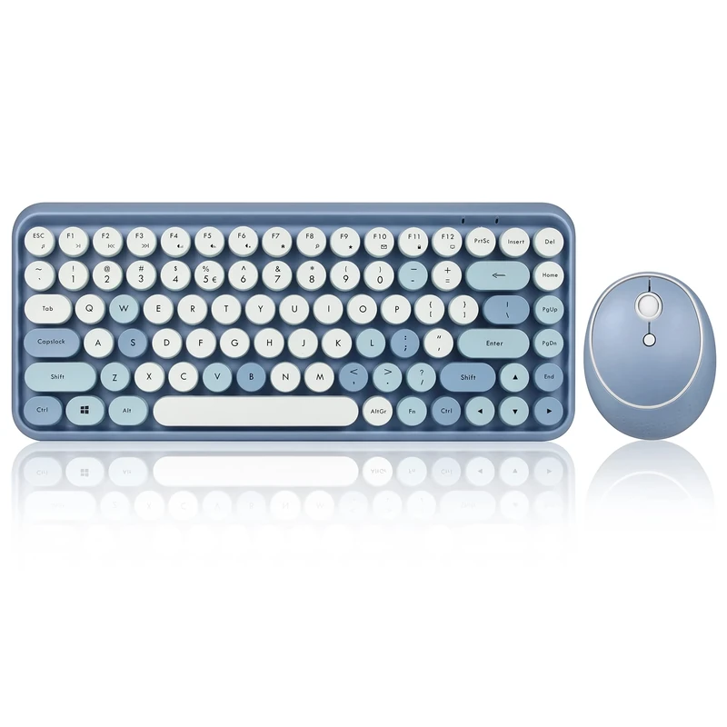 Perixx PERIDUO-713BL Wireless Mini Keyboard and Mouse Combo - Retro Round Key Caps - Pastel Blue - US English Layout