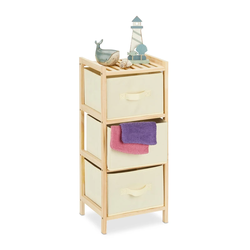 Relaxdays Bathroom Shelf with 3 Foldable Baskets, Storage Space, Wood & Fleece, HWD: 65 x 28 x 25.5 cm, Natural/Beige