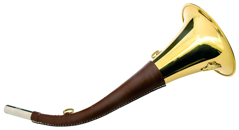 Januel - Hunting Horn Pack - Length 40 cm and 12 cm - Synthetic Leather Coated - Transport Rings - Boar Decor - Golden Brass - With Strap - Replaceable Pipet