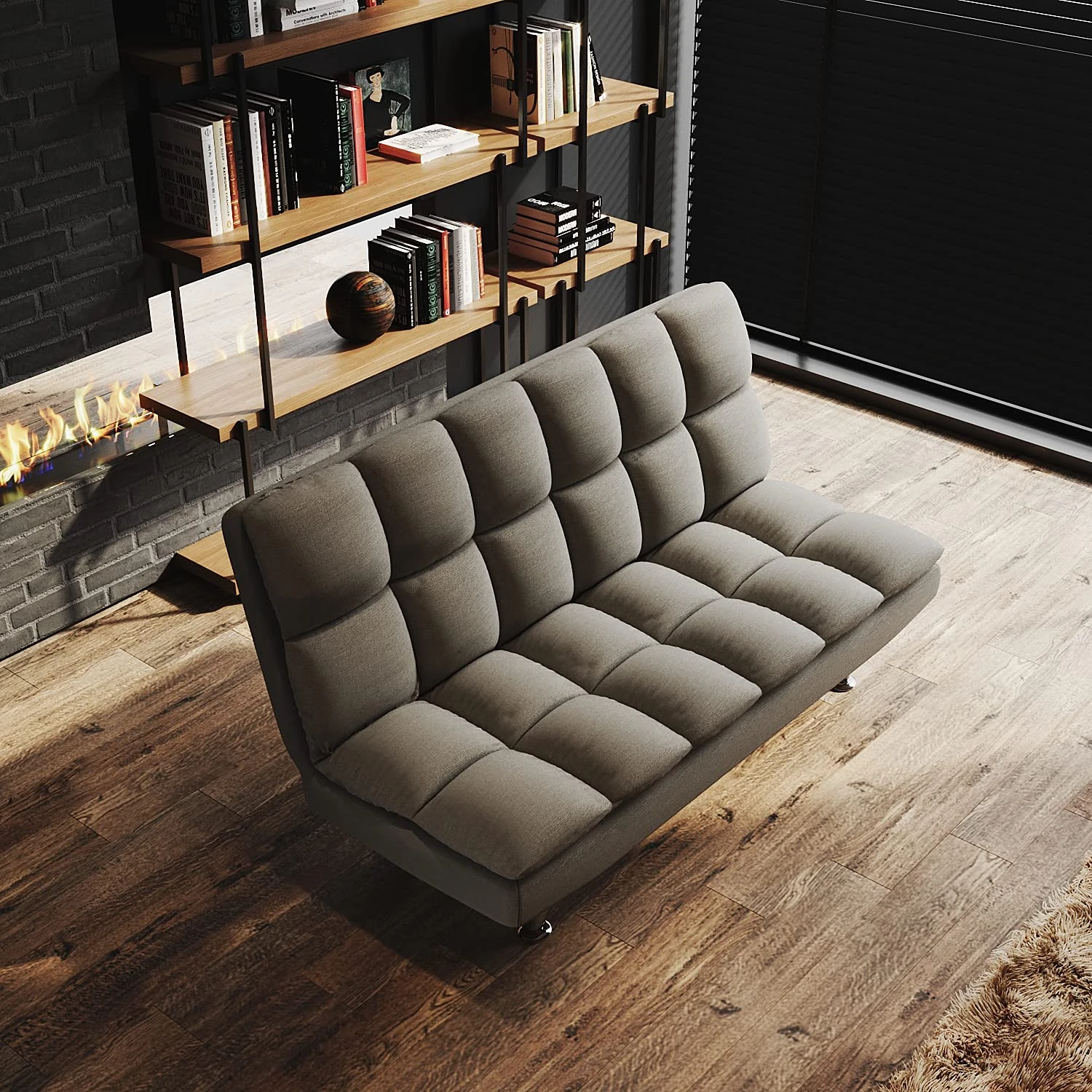 ELEGANT Double Sofabed Fluffy Sponge Sofa Bed Grey Linen Fabric Fireproof Sponge Couch Settee with Chrome Legs, 1780x920x960mm