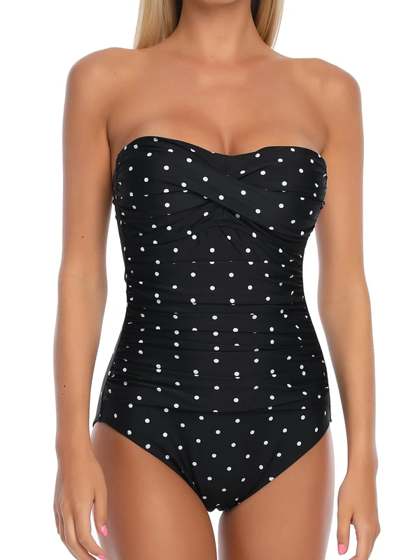 RELLECIGA Women's Tummy Control Swimwear Strapless One Piece Swimsuit for Women, Black Polka Dot, XX-Large