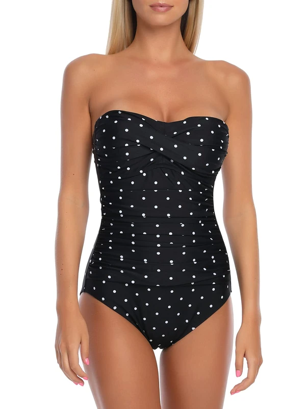 RELLECIGA Women's Tummy Control Swimwear Strapless One Piece Swimsuit for Women, Black Polka Dot, X-Large