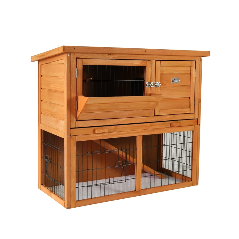 BUNNY BUSINESS 2-Tier Double Decker Rabbit/Guinea Pig Hutch with Sliding Tray & Hay Rack (Red)