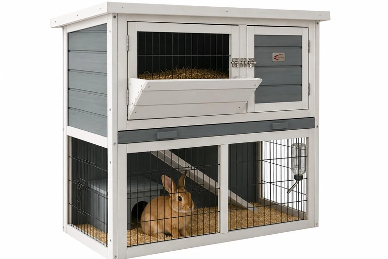 Bunny Business 2-Tier Double Decker Rabbit/Guinea Pig Hutch with Sliding Tray & Hay Rack (Grey) - Image 1