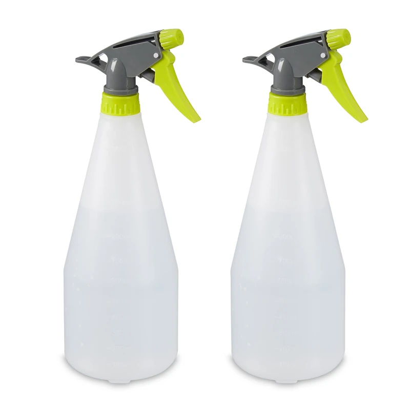 Relaxdays Set of 2 Spray Bottles, 1 Litre, Refillable, Nozzle with Mist & Stream, with Scale, Plastic, White