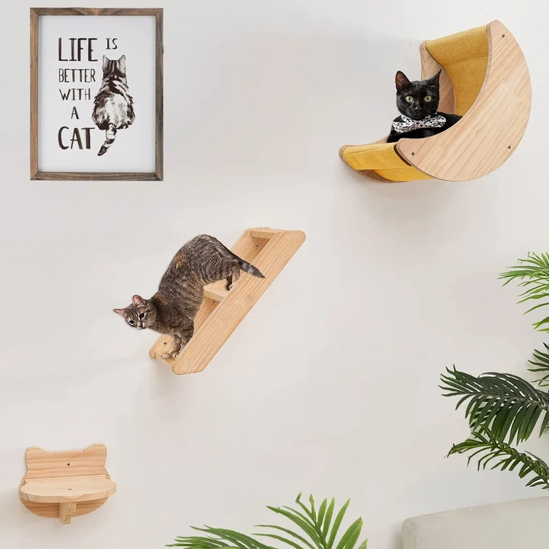 HAPYKITYS Cat Shelf for Wall Hammock Climbing Shelves and Perches Solid Wood Cat Steps for Activity Indoor Cats Wall Furniture 3pcs/Set