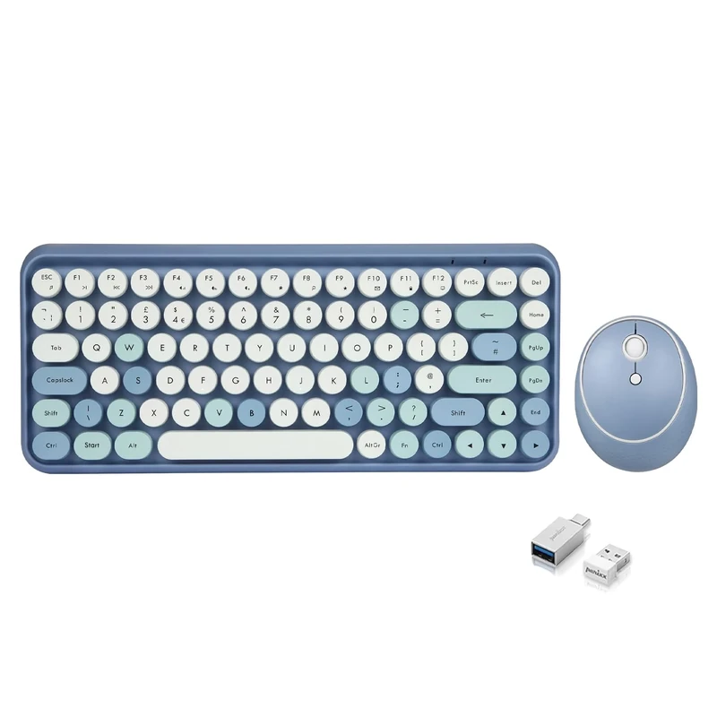 Perixx PERIDUO-713 Wireless Keyboard and Mouse Combo - Pastel Blue, 2.4 GHz, Retro Round Keys, Compact Design, UK Layout