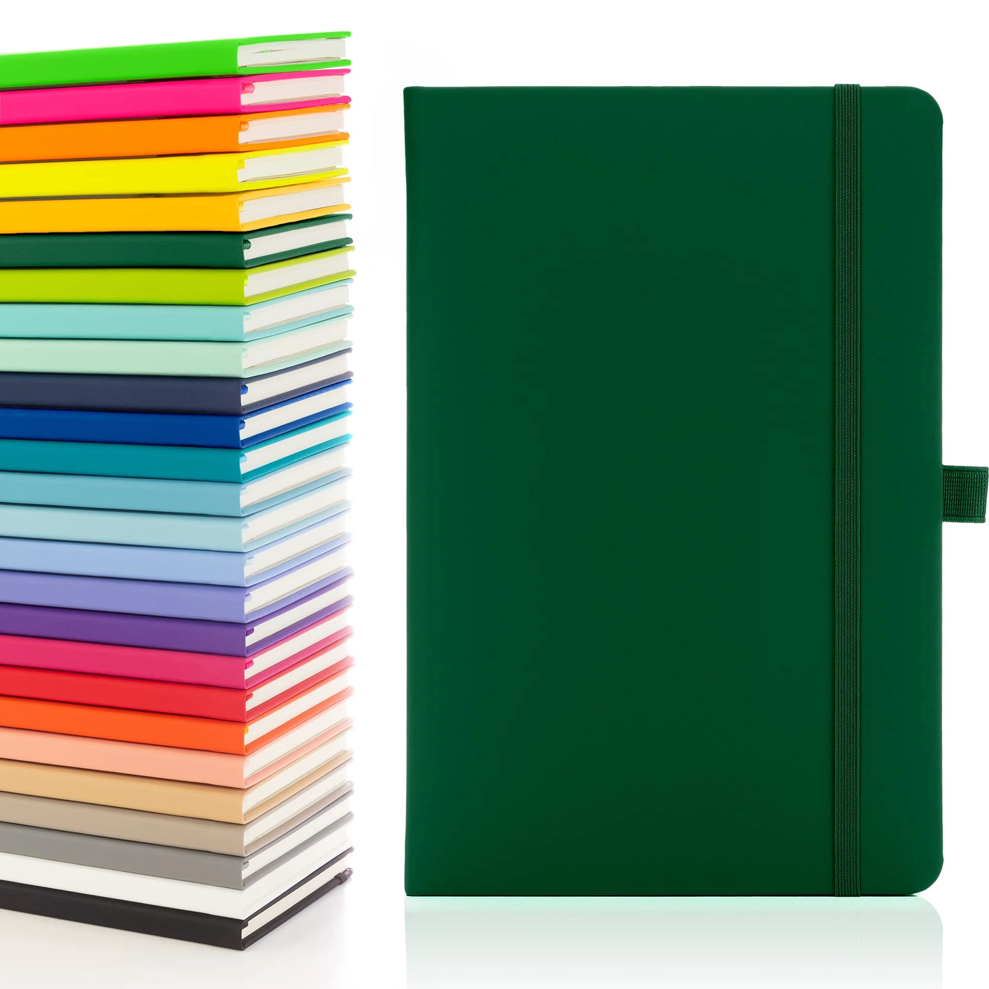 Notes London Eco A5 Notebook with Lined Pages, Pen Loop, Ribbon, Date Marks and Paper Pocket, Medium Hardback Journal, Note, sustainably sourced paper (Green)