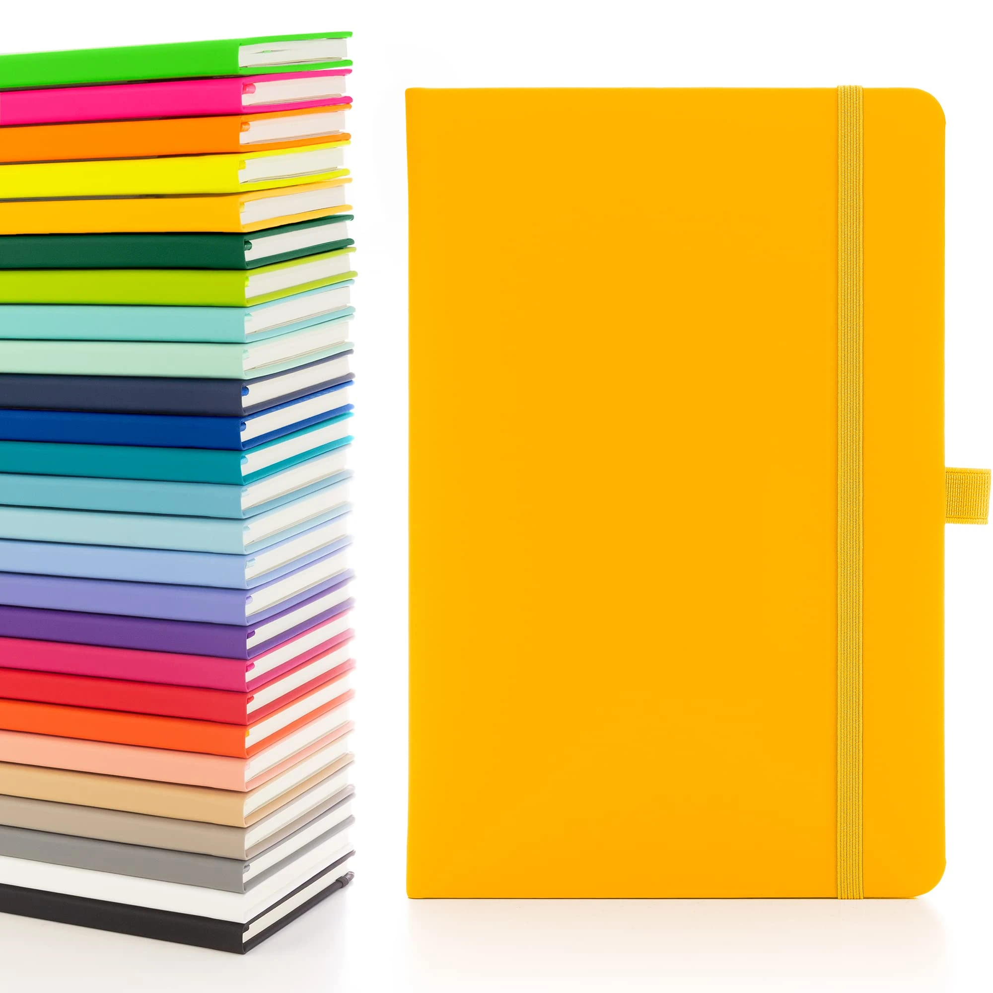 Notes London Eco A5 Notebook with Lined Pages, Pen Loop, Ribbon, Date Marks and Paper Pocket, Medium Hardback Journal, Note, sustainably sourced paper (Yellow)