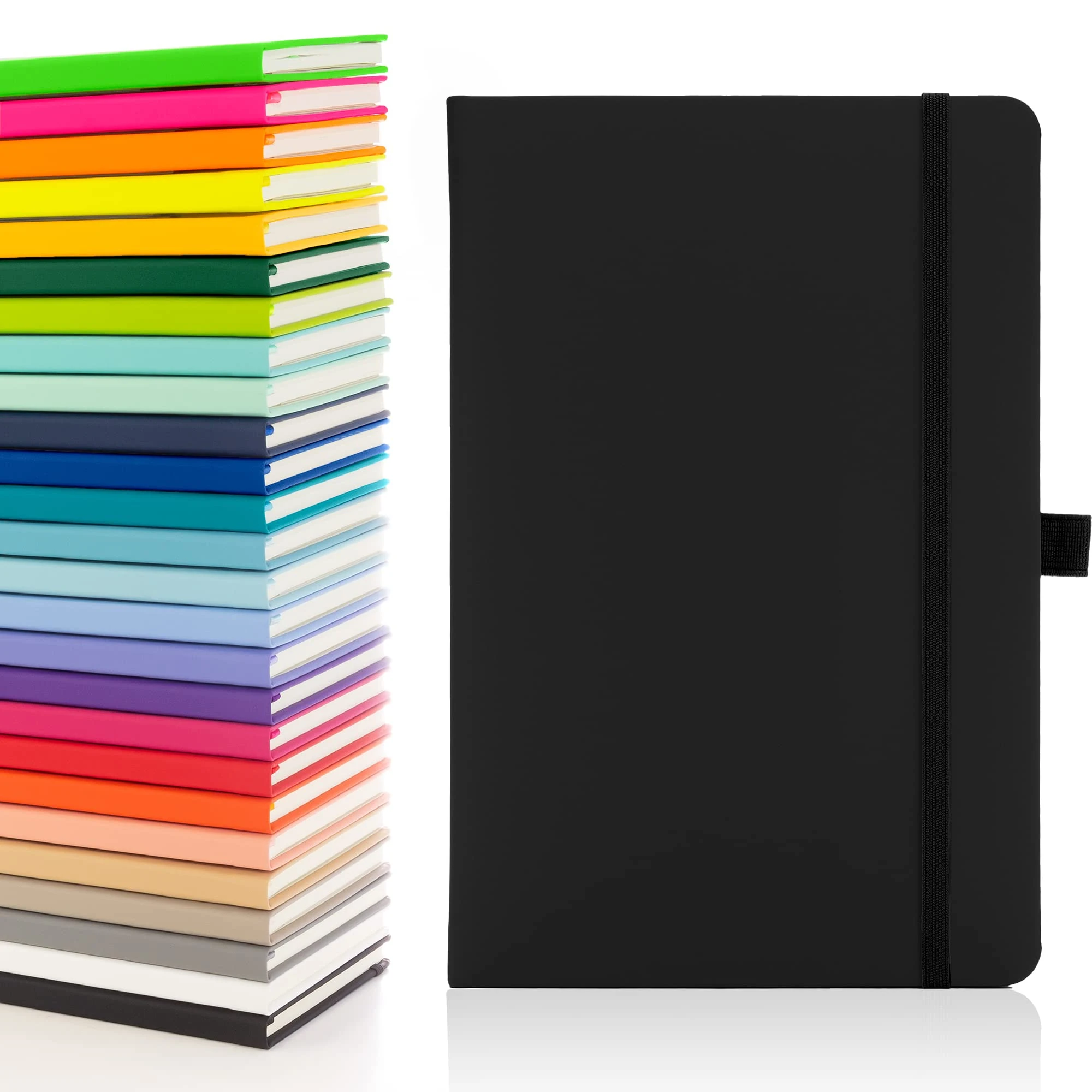 Notes London Eco A5 Notebook with Lined Pages, Pen Loop, Ribbon, Date Marks and Paper Pocket, Medium Hardback Journal, Note, sustainably sourced paper (Black)
