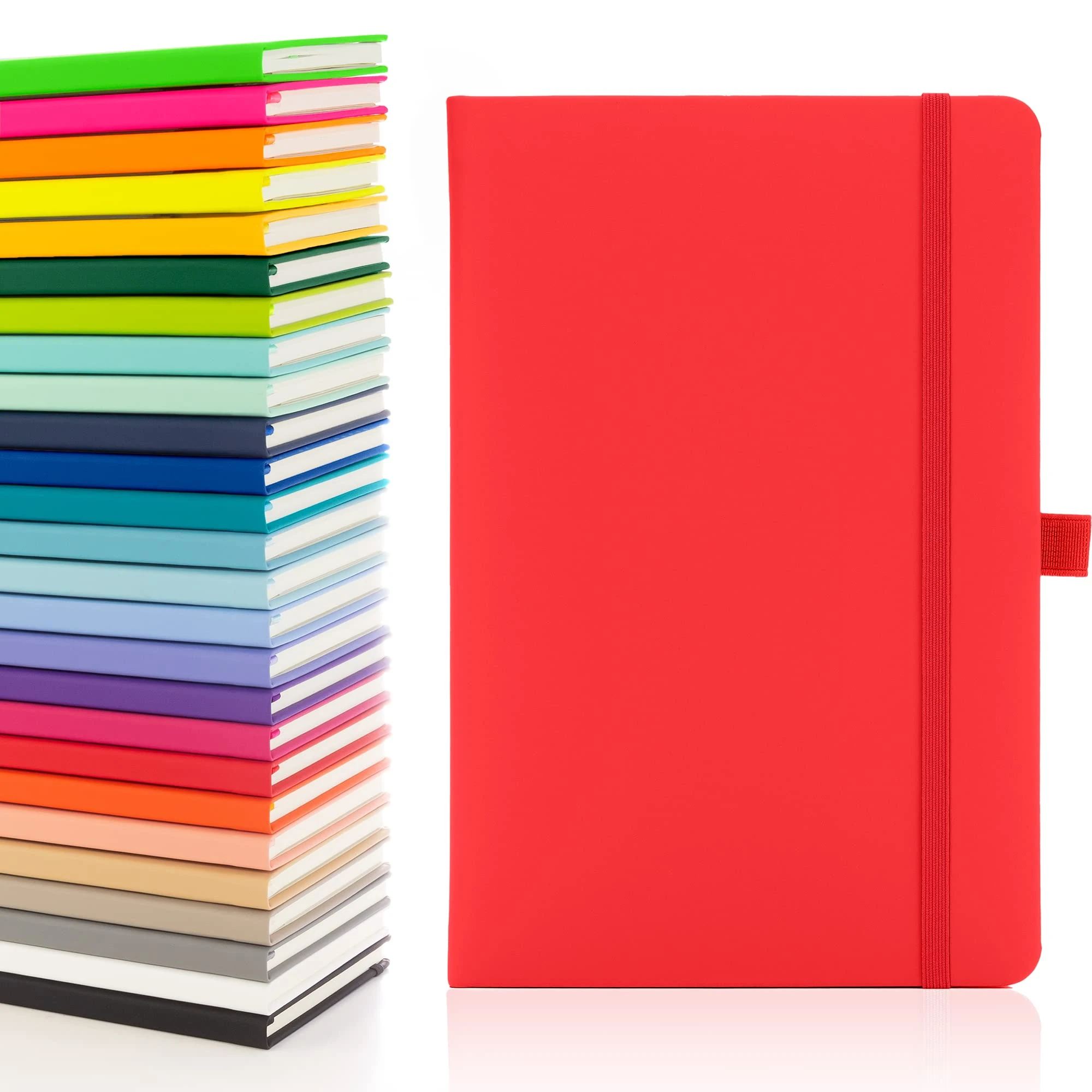 Notes London Eco A5 Notebook with Lined Pages, Pen Loop, Ribbon, Date Marks and Paper Pocket, Medium Hardback Journal, Note, sustainably sourced paper (Red)