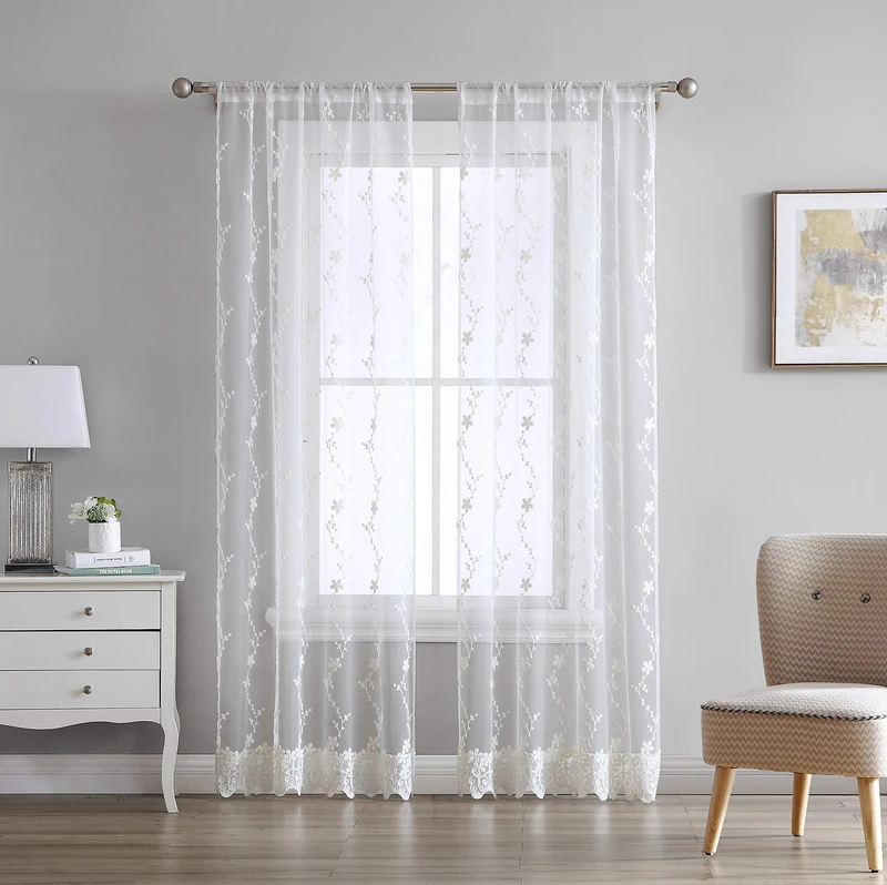 Laura Ashley Melody Vine Sheer Curtains with Rod Pocket, Each Panel Measures 54" W x 96" L, Ivory, 2 Panels - Image 1