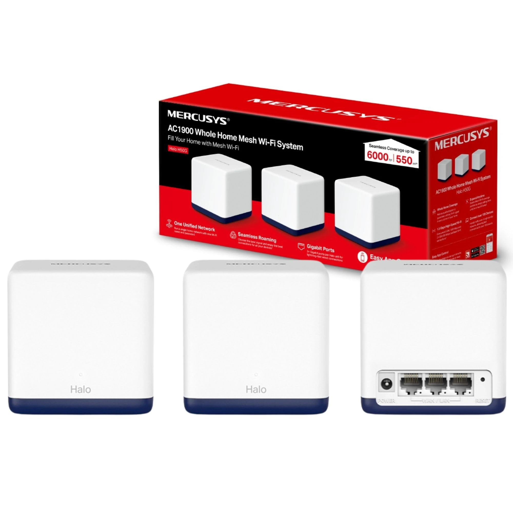 MERCUSYS Halo H50G(3-pack) AC1900Mbps Mesh WiFi System, Gigabit Ports, TP-Link WiFi Mesh System, WiFi Router, WiFi Extender Booster, 6,000ft²(550 m²), Seamless Roaming, Beamforming, Easy Setup