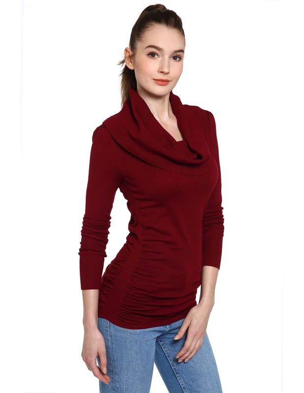 AmélieBoutik Women Cowl Neck Long Sleeve Ruched Sides Pullover Tunic Jumper (Burgundy X-Small 8)