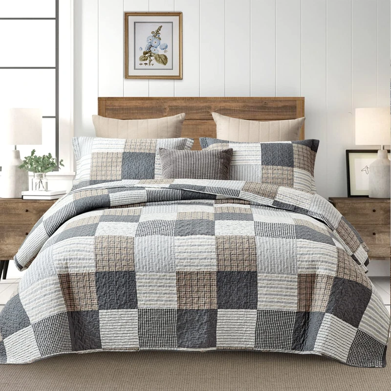 Y-PLWOMEN Plaid Quilt King Size - 100% Cotton Farmhouse Rustic King Quilt with 2 Pillow Shams, Breathable Lightweight Comforter Thin Quilted Bedspreads Bedding Set, Grey Brown, King(98 * 106 Inch)